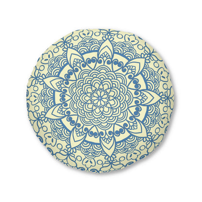 Floor Cushion Handmade Mandala Art - Steel Blue on Cream background - Drawn by Hand - Tufted Floor Pillow, Round - Blululi