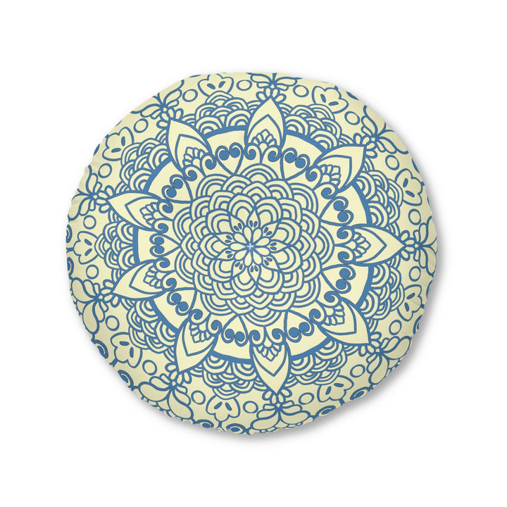 Floor Cushion Handmade Mandala Art - Steel Blue on Cream background - Drawn by Hand - Tufted Floor Pillow, Round - Blululi