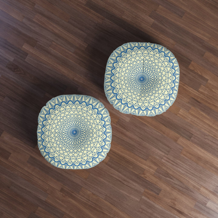 Floor Cushion Handmade Mandala Art - Steel Blue on Cream background - Drawn by Hand - Tufted Floor Pillow, Round - Blululi