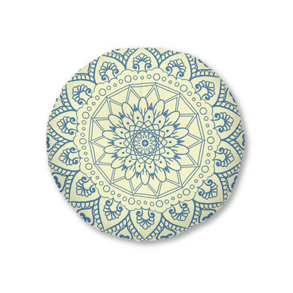 Floor Cushion Handmade Mandala Art - Steel Blue on Cream background - Drawn by Hand - Tufted Floor Pillow, Round - Blululi