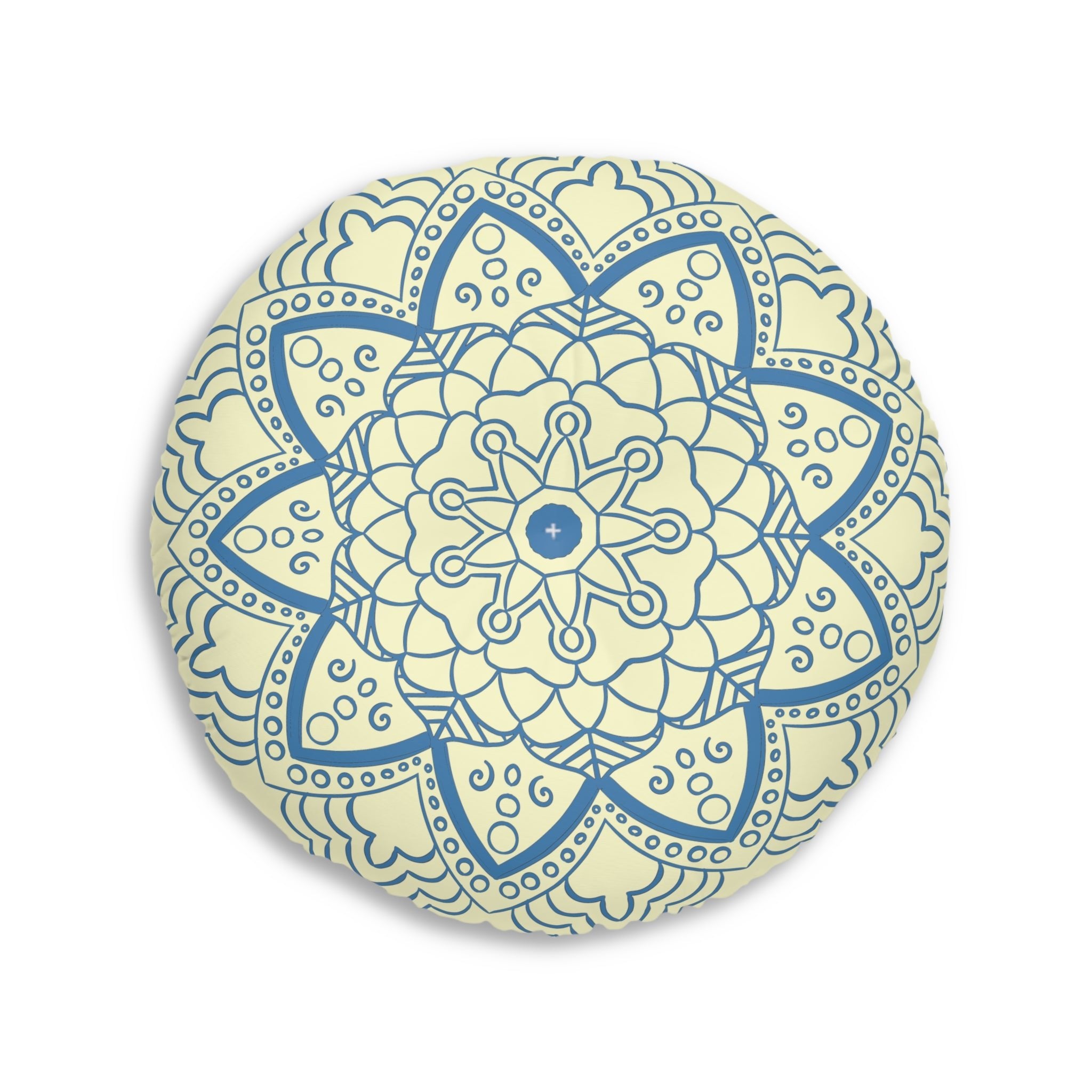 Floor Cushion Handmade Mandala Art - Steel Blue on Cream background - Drawn by Hand - Tufted Floor Pillow, Round - Blululi