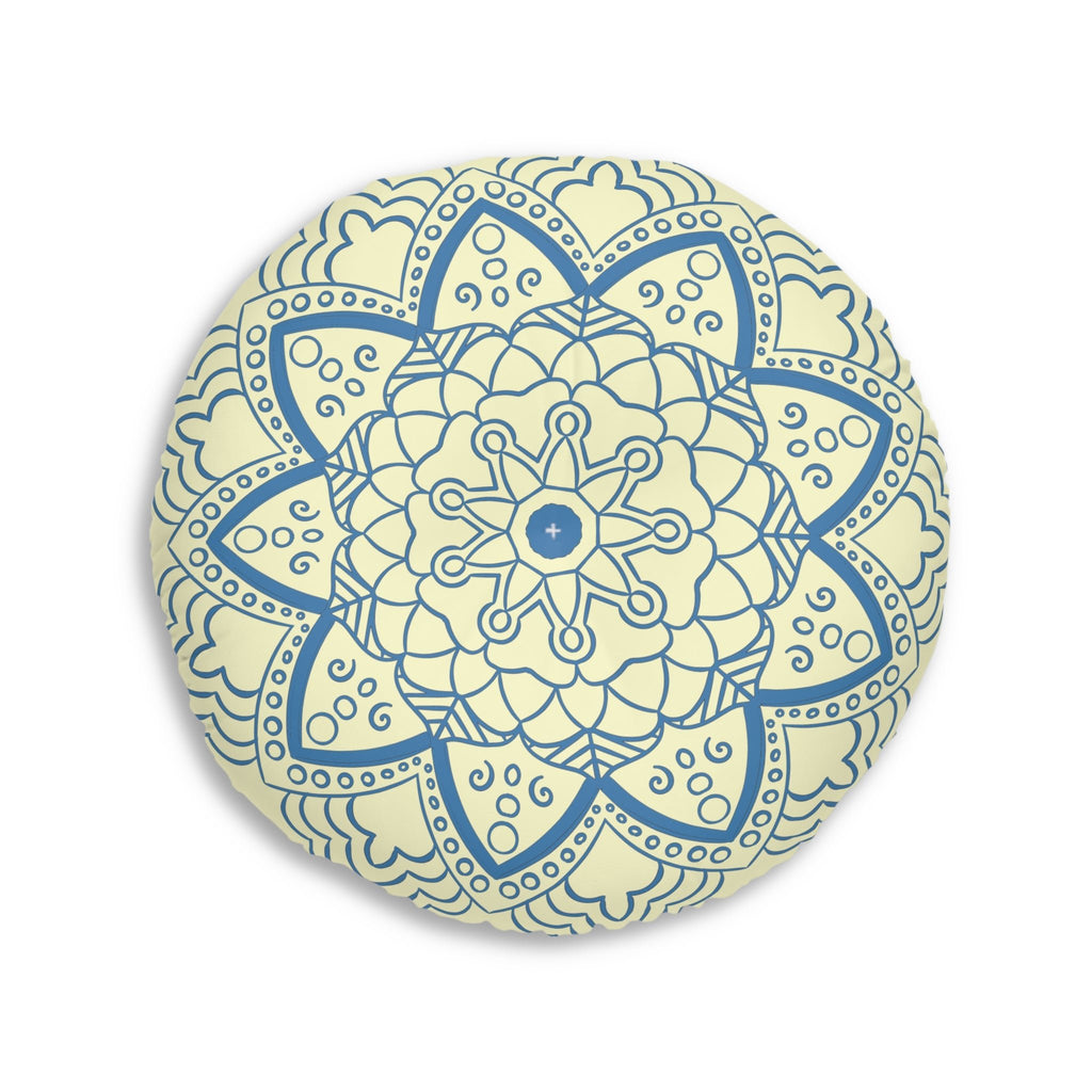 Floor Cushion Handmade Mandala Art - Steel Blue on Cream background - Drawn by Hand - Tufted Floor Pillow, Round - Blululi