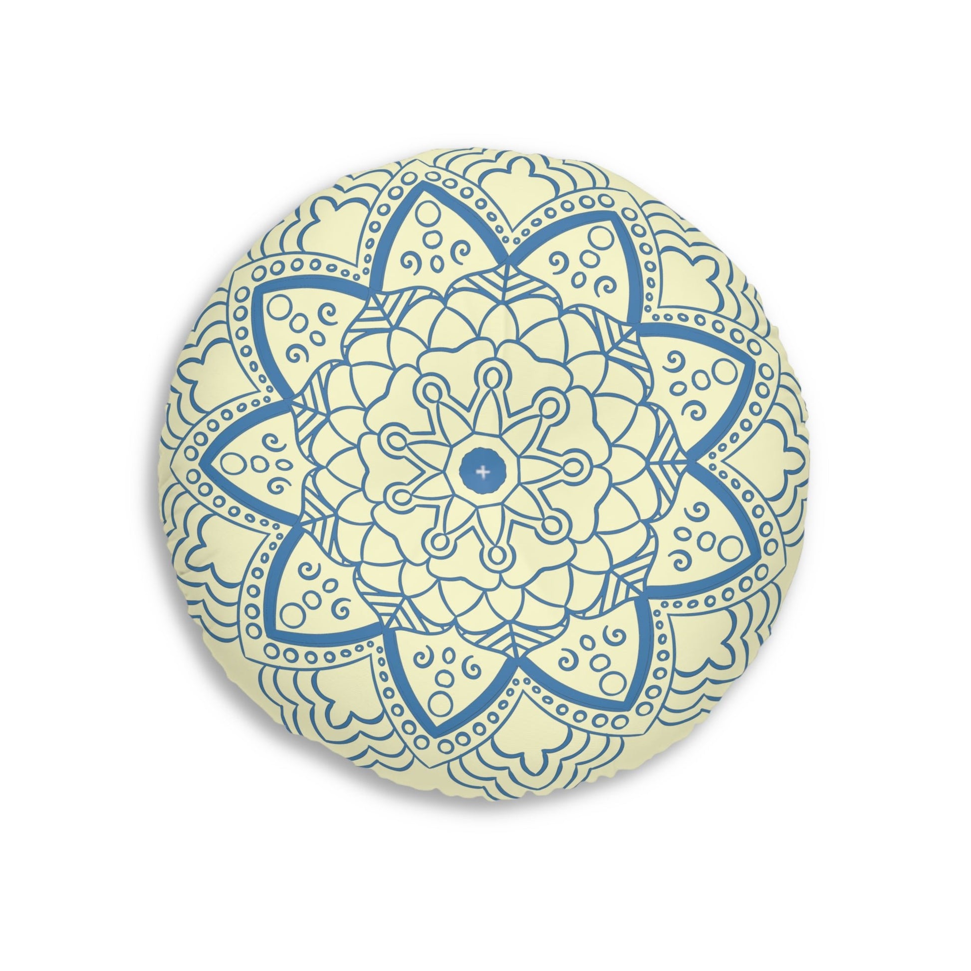 Floor Cushion Handmade Mandala Art - Steel Blue on Cream background - Drawn by Hand - Tufted Floor Pillow, Round - Blululi