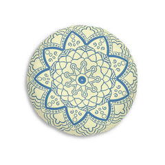 Floor Cushion Handmade Mandala Art - Steel Blue on Cream background - Drawn by Hand - Tufted Floor Pillow, Round - Blululi