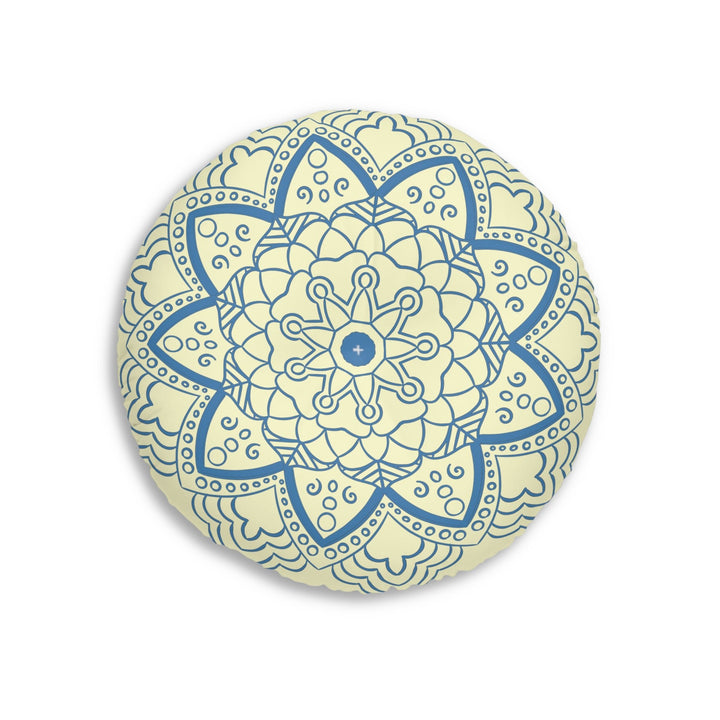 Floor Cushion Handmade Mandala Art - Steel Blue on Cream background - Drawn by Hand - Tufted Floor Pillow, Round - Blululi