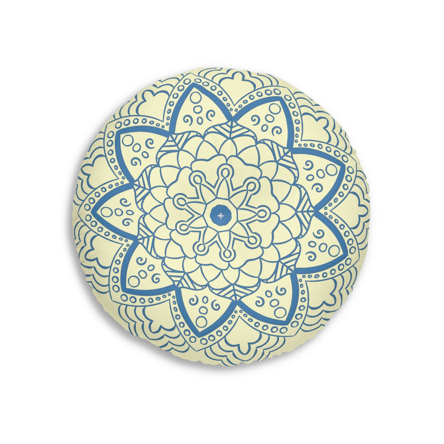 Floor Cushion Handmade Mandala Art - Steel Blue on Cream background - Drawn by Hand - Tufted Floor Pillow, Round - Blululi