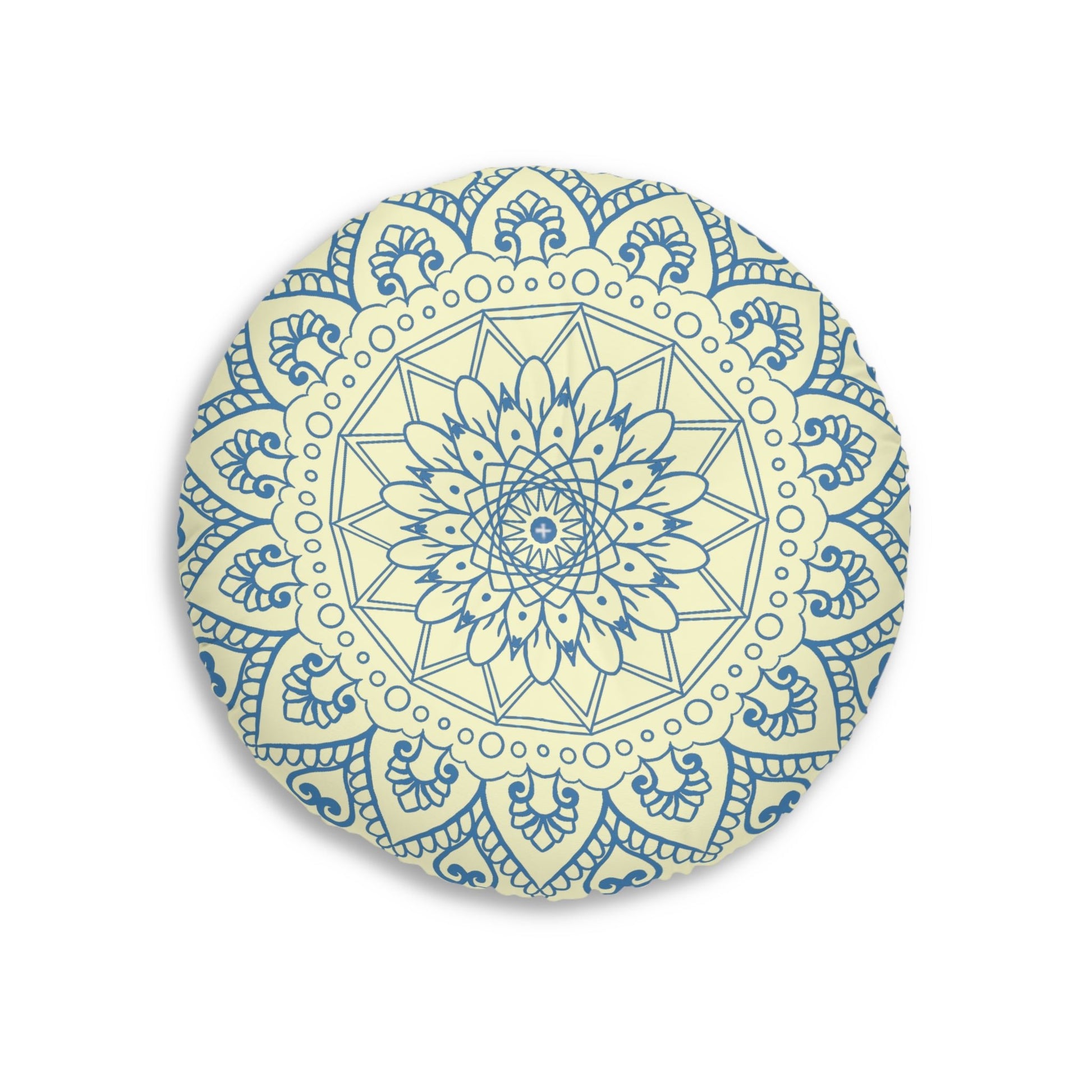 Floor Cushion Handmade Mandala Art - Steel Blue on Cream background - Drawn by Hand - Tufted Floor Pillow, Round - Blululi