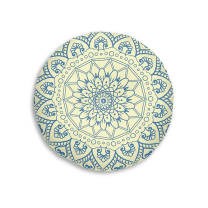 Floor Cushion Handmade Mandala Art - Steel Blue on Cream background - Drawn by Hand - Tufted Floor Pillow, Round - Blululi