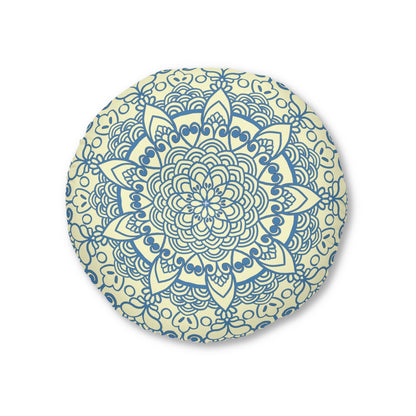 Floor Cushion Handmade Mandala Art - Steel Blue on Cream background - Drawn by Hand - Tufted Floor Pillow, Round - Blululi