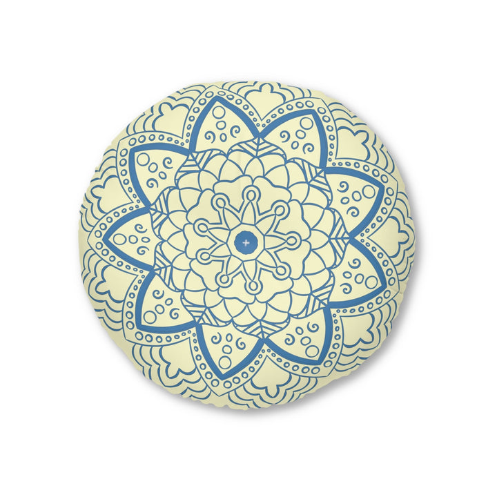 Floor Cushion Handmade Mandala Art - Steel Blue on Cream background - Drawn by Hand - Tufted Floor Pillow, Round - Blululi