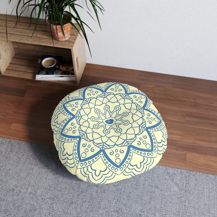 Floor Cushion Handmade Mandala Art - Steel Blue on Cream background - Drawn by Hand - Tufted Floor Pillow, Round - Blululi