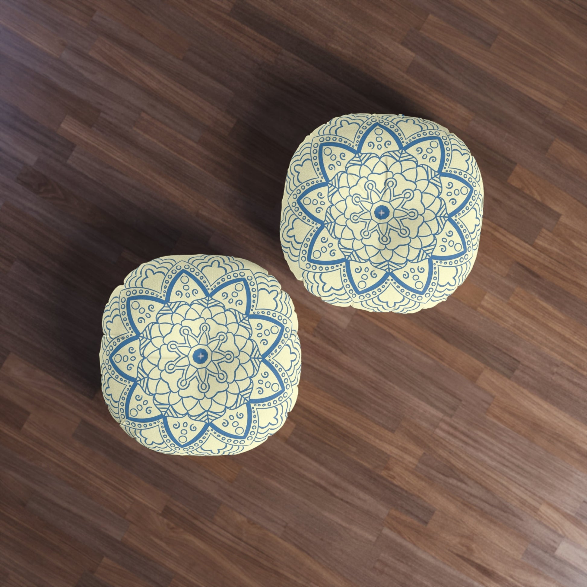 Floor Cushion Handmade Mandala Art - Steel Blue on Cream background - Drawn by Hand - Tufted Floor Pillow, Round - Blululi