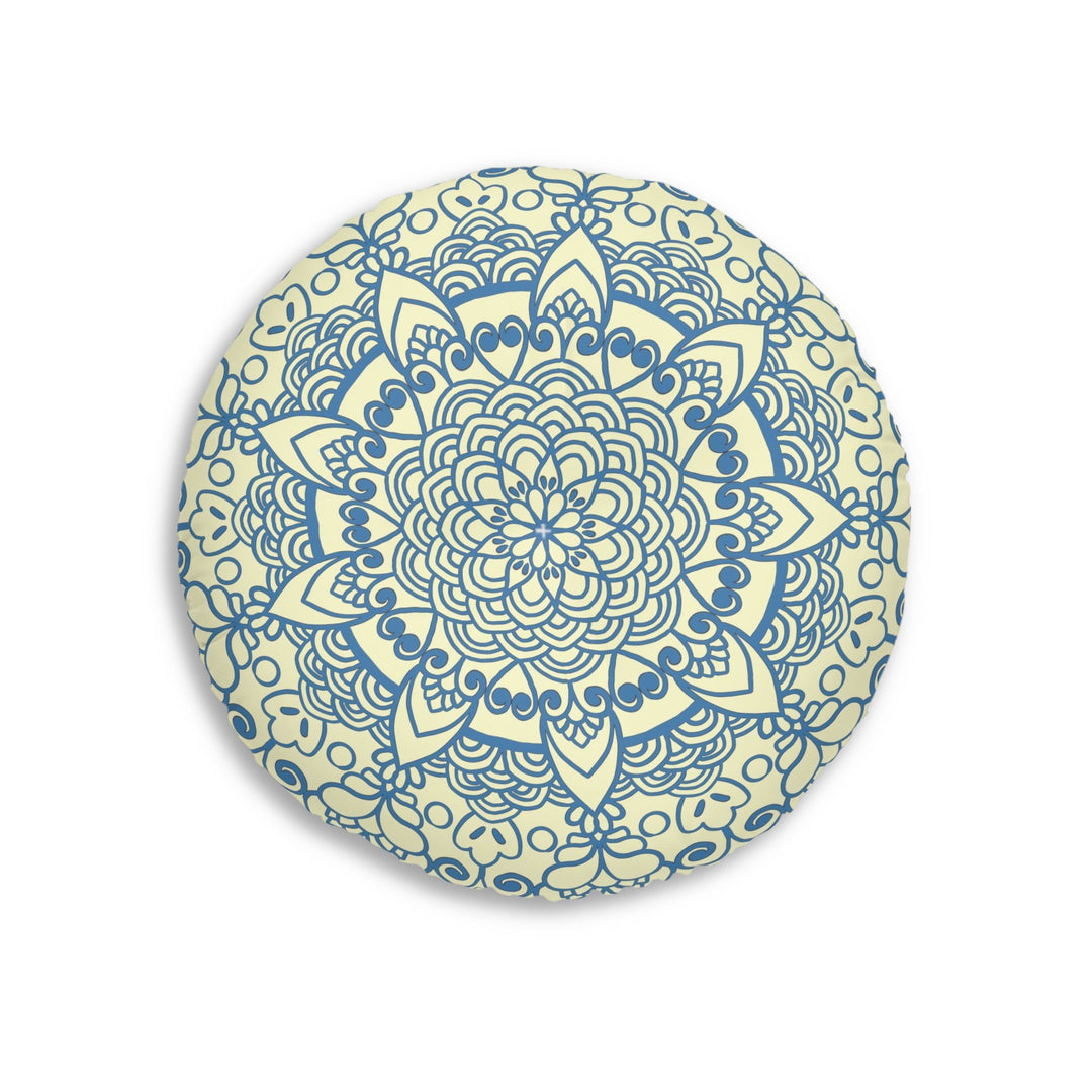 Floor Cushion Handmade Mandala Art - Steel Blue on Cream background - Drawn by Hand - Tufted Floor Pillow, Round - Blululi