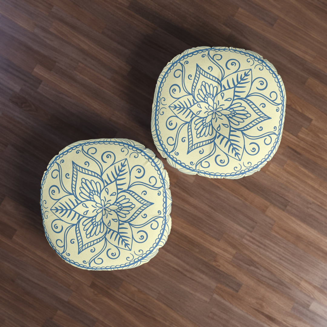 Floor Cushion Handmade Mandala Art - Steel Blue on Cream background - Drawn by Hand - Tufted Floor Pillow, Round - Blululi