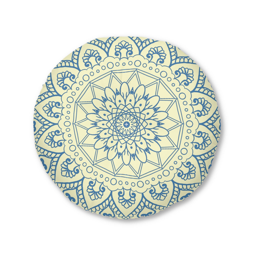 Floor Cushion Handmade Mandala Art - Steel Blue on Cream background - Drawn by Hand - Tufted Floor Pillow, Round - Blululi