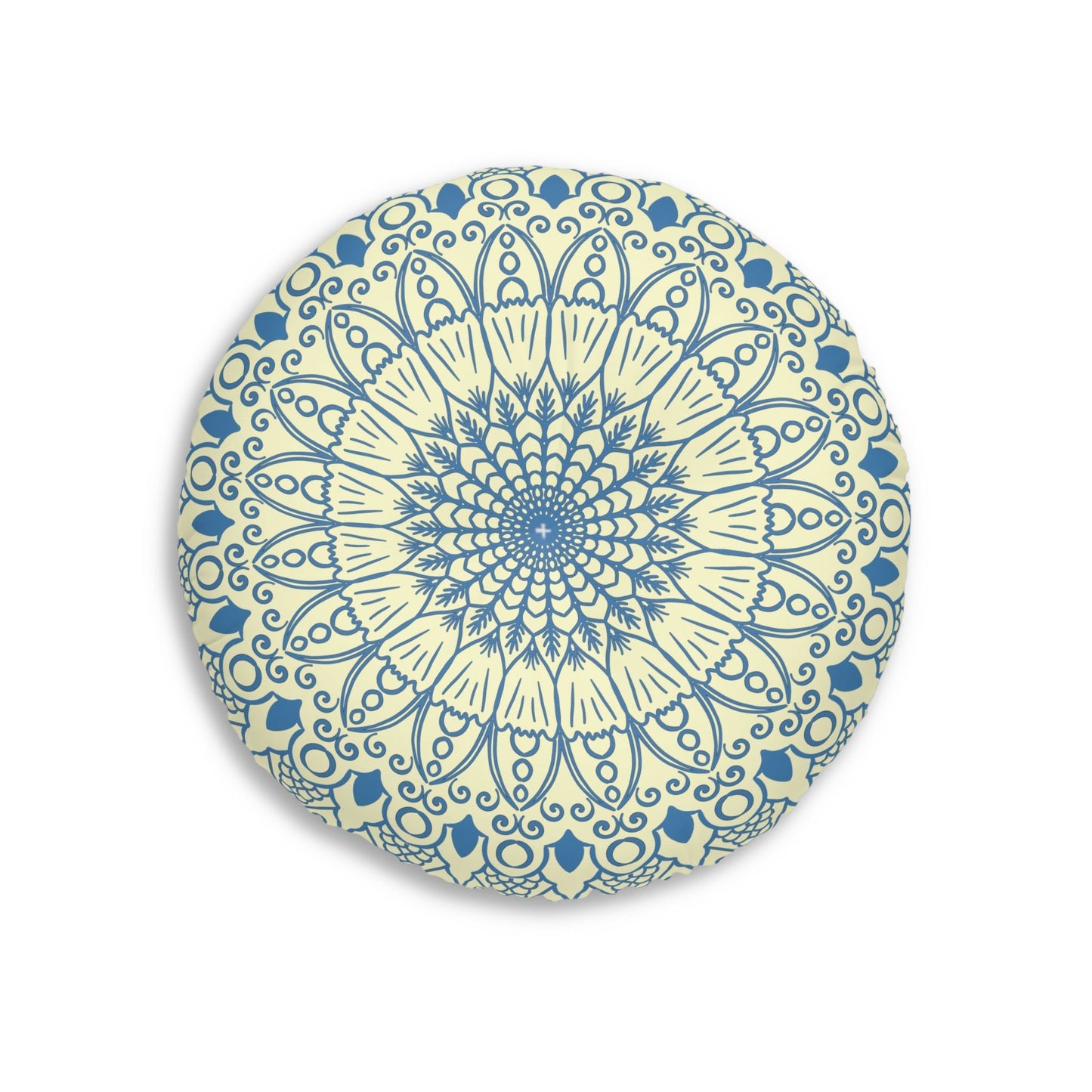 Floor Cushion Handmade Mandala Art - Steel Blue on Cream background - Drawn by Hand - Tufted Floor Pillow, Round - Blululi