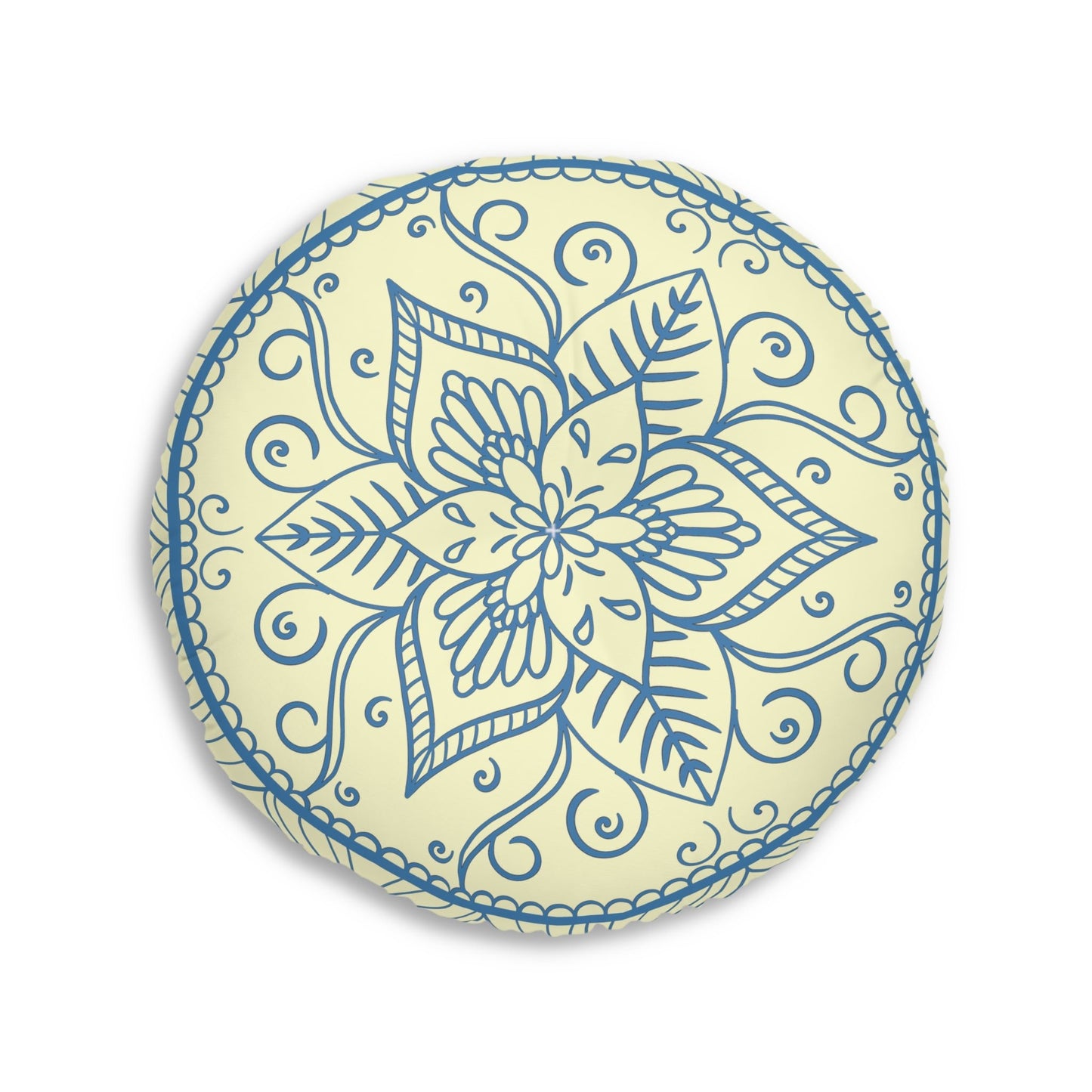 Floor Cushion Handmade Mandala Art - Steel Blue on Cream background - Drawn by Hand - Tufted Floor Pillow, Round - Blululi