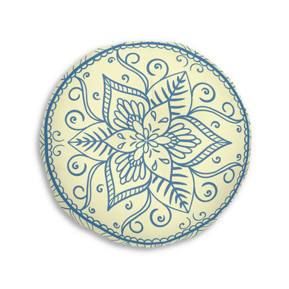 Floor Cushion Handmade Mandala Art - Steel Blue on Cream background - Drawn by Hand - Tufted Floor Pillow, Round - Blululi