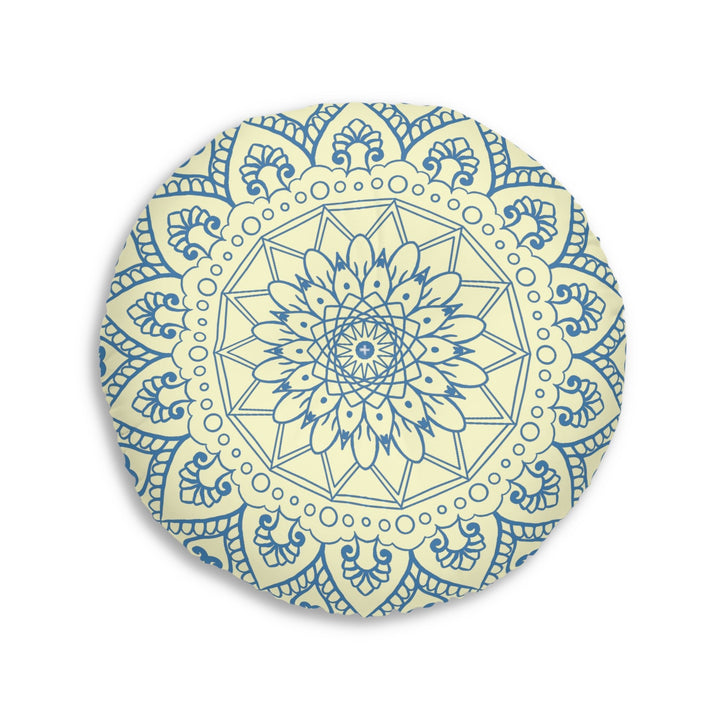 Floor Cushion Handmade Mandala Art - Steel Blue on Cream background - Drawn by Hand - Tufted Floor Pillow, Round - Blululi