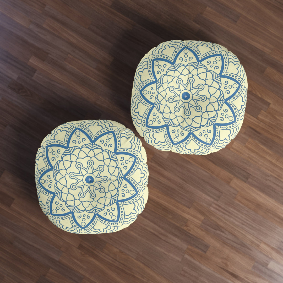 Floor Cushion Handmade Mandala Art - Steel Blue on Cream background - Drawn by Hand - Tufted Floor Pillow, Round - Blululi