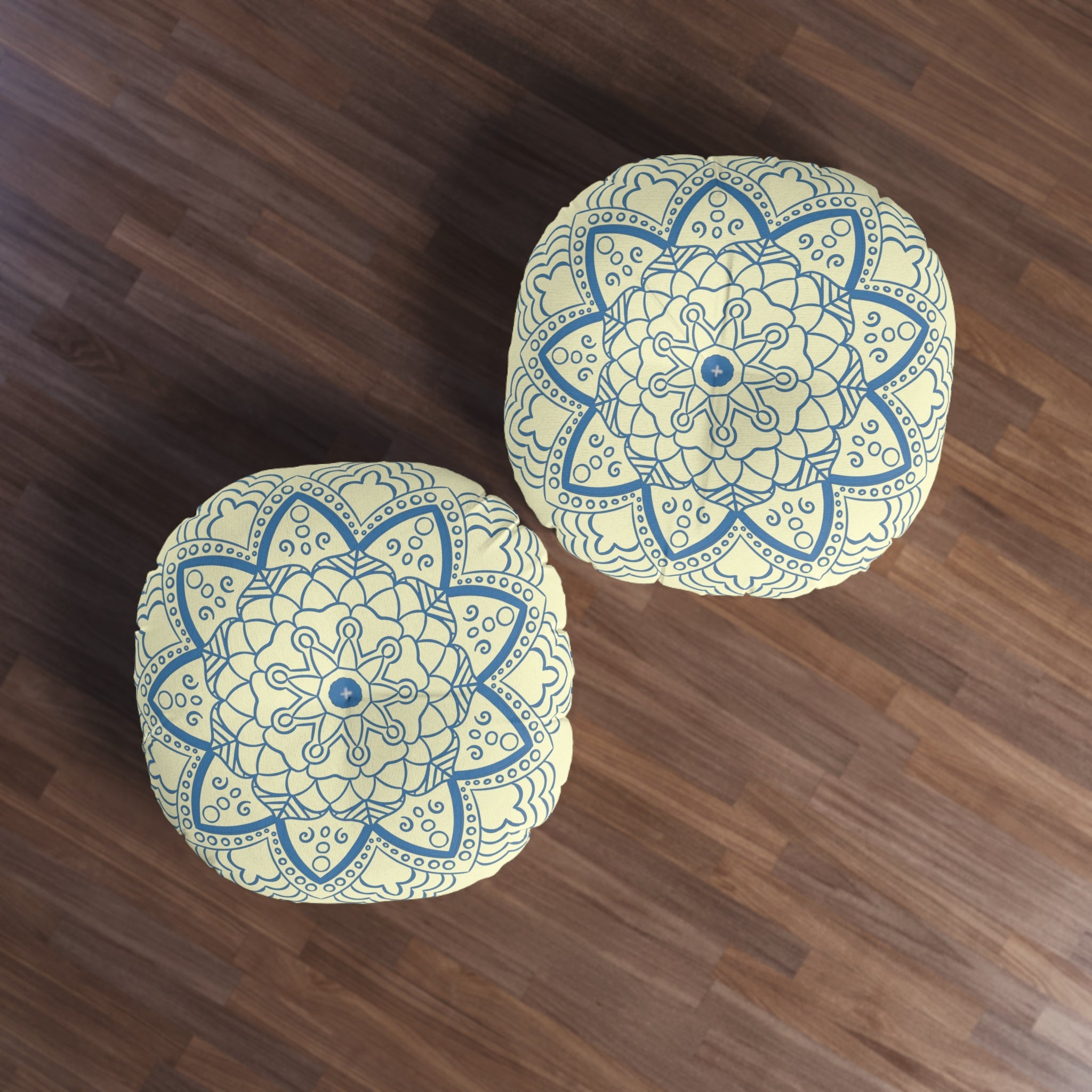 Floor Cushion Handmade Mandala Art - Steel Blue on Cream background - Drawn by Hand - Tufted Floor Pillow, Round - Blululi