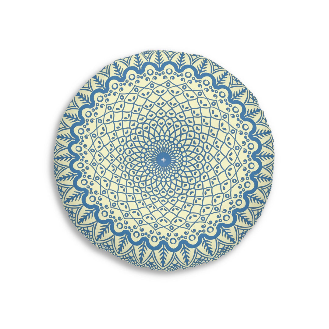 Floor Cushion Handmade Mandala Art - Steel Blue on Cream background - Drawn by Hand - Tufted Floor Pillow, Round - Blululi