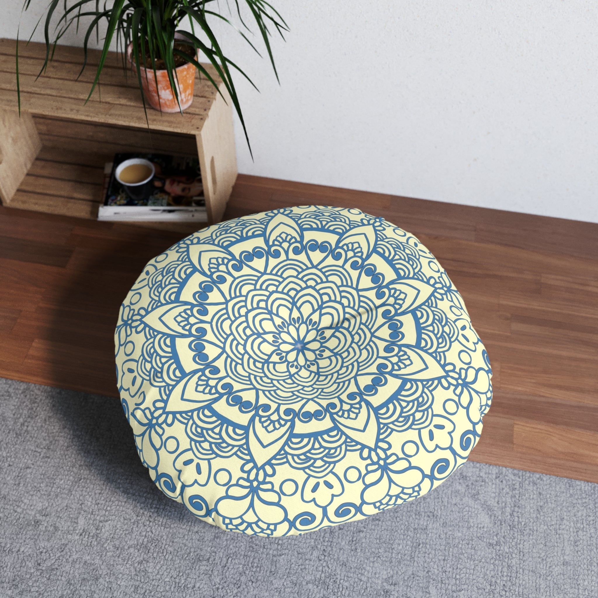 Floor Cushion Handmade Mandala Art - Steel Blue on Cream background - Drawn by Hand - Tufted Floor Pillow, Round - Blululi