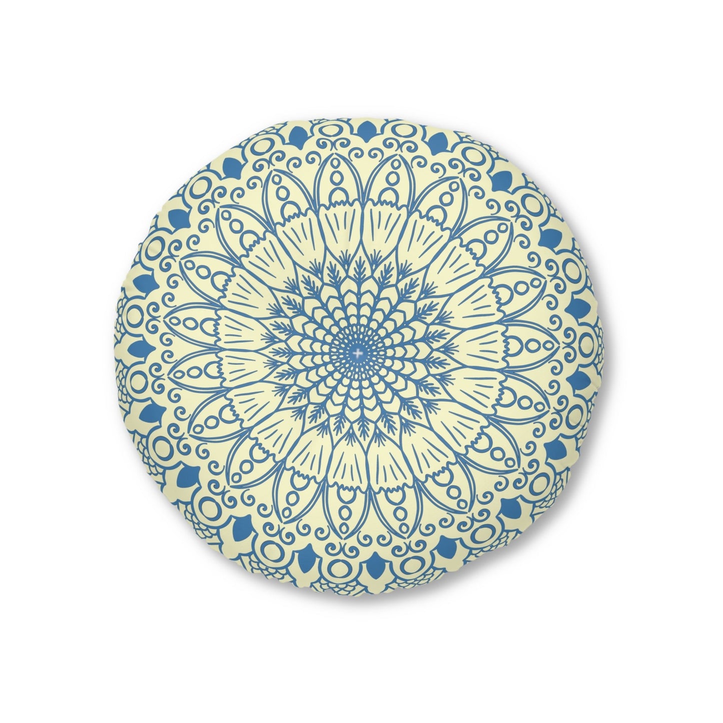 Floor Cushion Handmade Mandala Art - Steel Blue on Cream background - Drawn by Hand - Tufted Floor Pillow, Round - Blululi