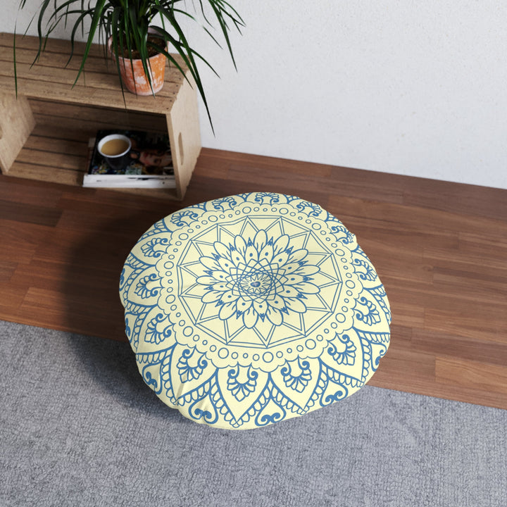 Floor Cushion Handmade Mandala Art - Steel Blue on Cream background - Drawn by Hand - Tufted Floor Pillow, Round - Blululi