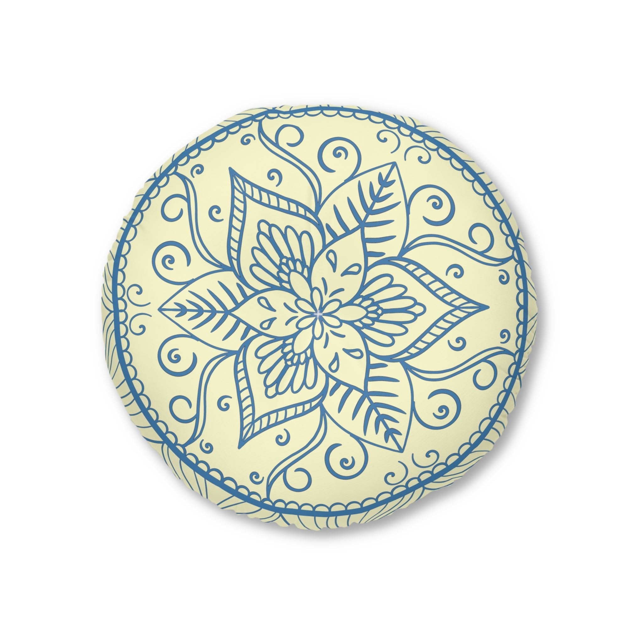 Floor Cushion Handmade Mandala Art - Steel Blue on Cream background - Drawn by Hand - Tufted Floor Pillow, Round - Blululi