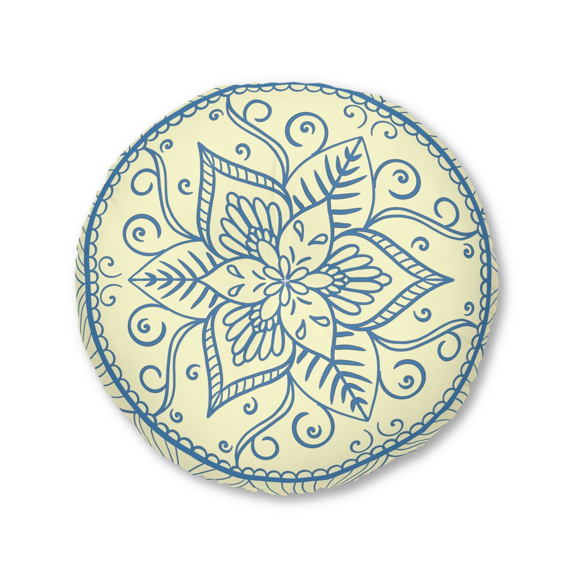 Floor Cushion Handmade Mandala Art - Steel Blue on Cream background - Drawn by Hand - Tufted Floor Pillow, Round - Blululi