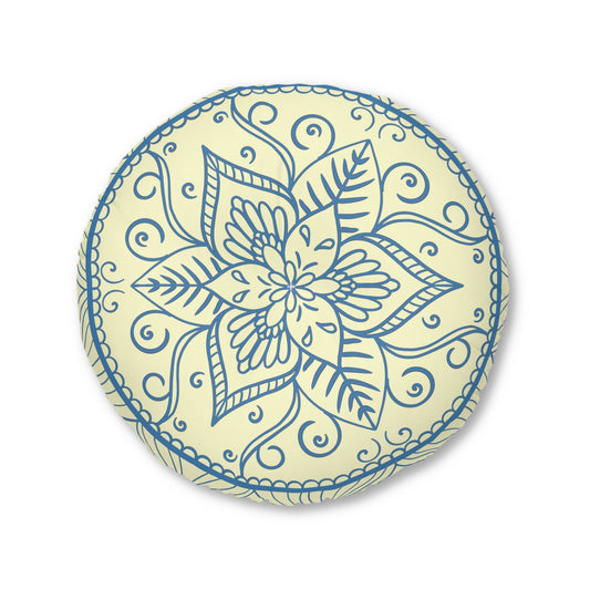 Floor Cushion Handmade Mandala Art - Steel Blue on Cream background - Drawn by Hand - Tufted Floor Pillow, Round - Blululi