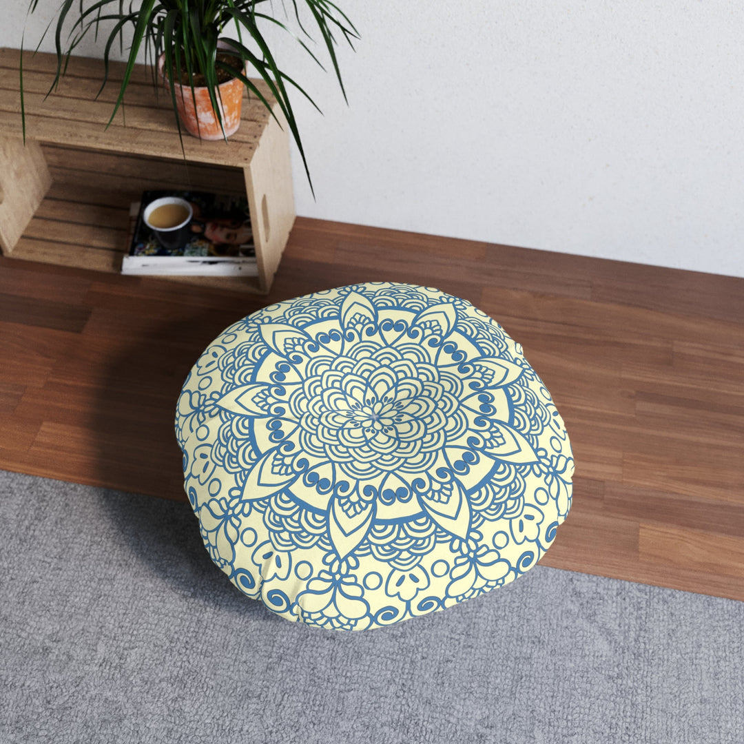 Floor Cushion Handmade Mandala Art - Steel Blue on Cream background - Drawn by Hand - Tufted Floor Pillow, Round - Blululi