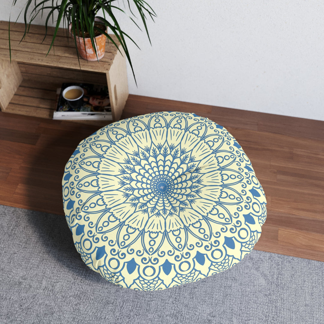 Floor Cushion Handmade Mandala Art - Steel Blue on Cream background - Drawn by Hand - Tufted Floor Pillow, Round - Blululi