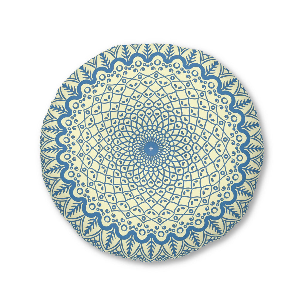 Floor Cushion Handmade Mandala Art - Steel Blue on Cream background - Drawn by Hand - Tufted Floor Pillow, Round - Blululi