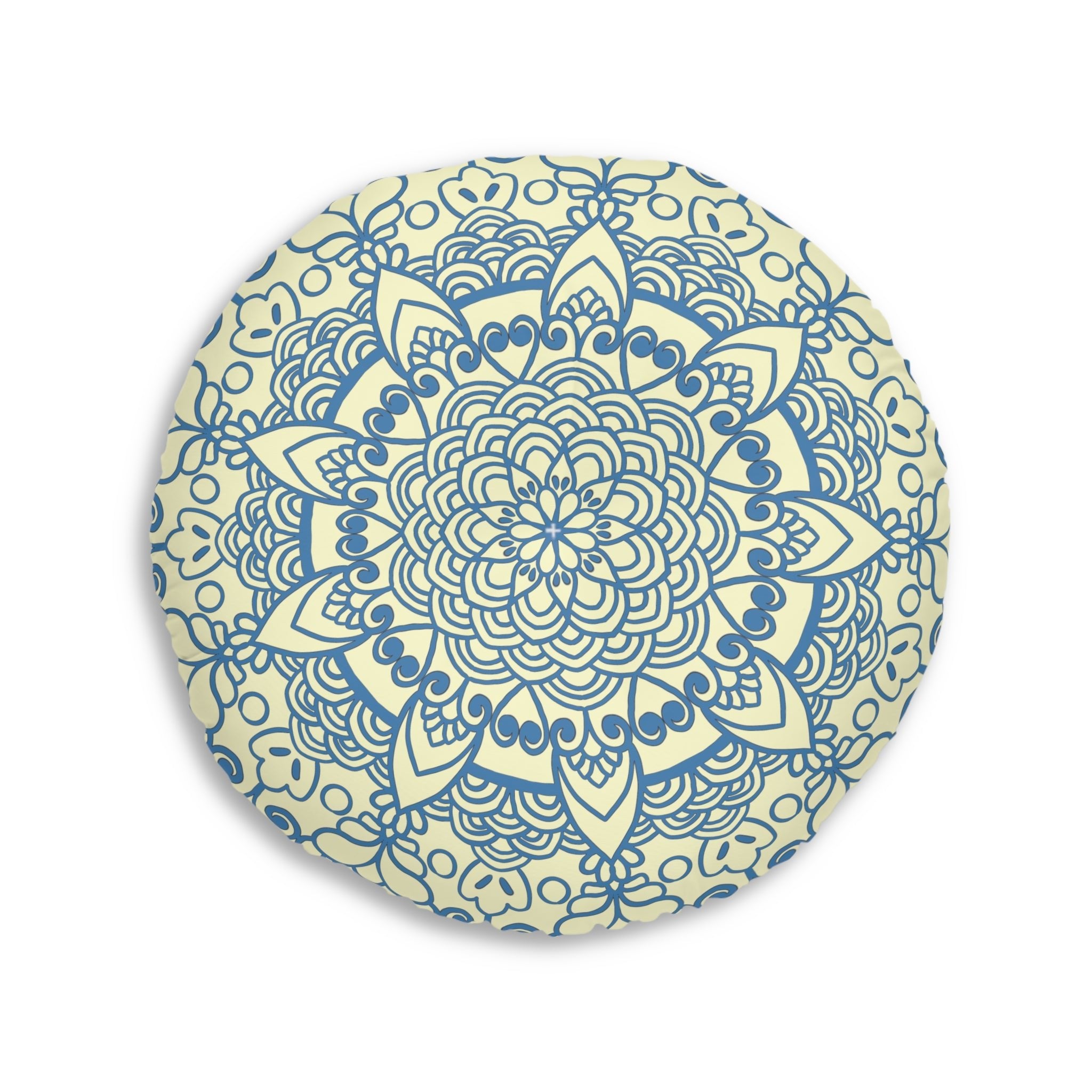 Floor Cushion Handmade Mandala Art - Steel Blue on Cream background - Drawn by Hand - Tufted Floor Pillow, Round - Blululi