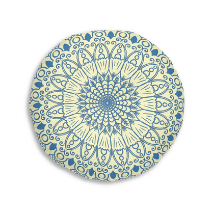 Floor Cushion Handmade Mandala Art - Steel Blue on Cream background - Drawn by Hand - Tufted Floor Pillow, Round - Blululi