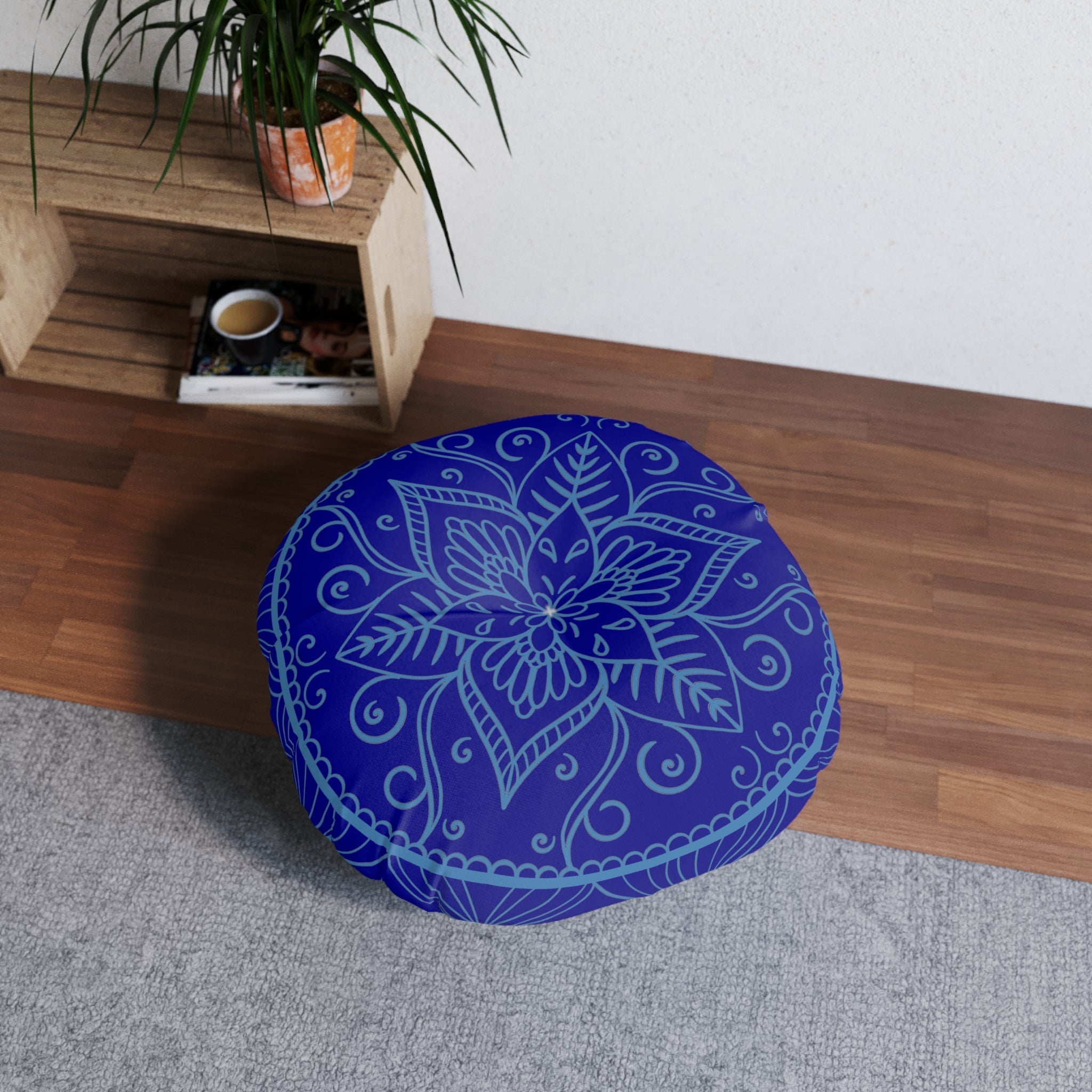 Floor Cushion Handmade Mandala Art - Steel Blue on Dark Blue background - Drawn by Hand - Tufted Floor Pillow, Round - Blululi