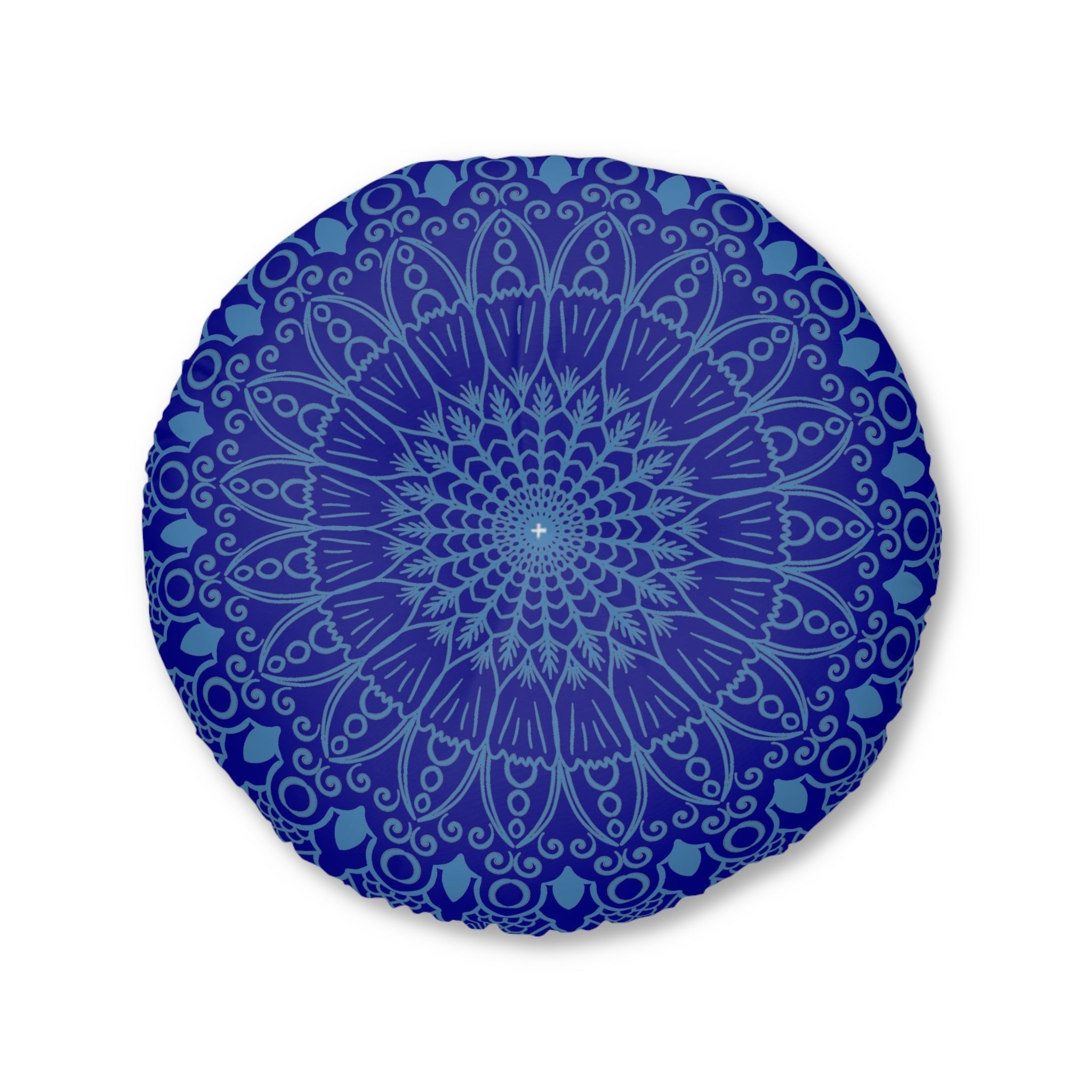 Floor Cushion Handmade Mandala Art - Steel Blue on Dark Blue background - Drawn by Hand - Tufted Floor Pillow, Round - Blululi