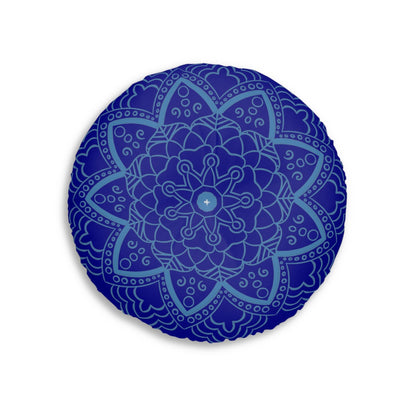 Floor Cushion Handmade Mandala Art - Steel Blue on Dark Blue background - Drawn by Hand - Tufted Floor Pillow, Round - Blululi