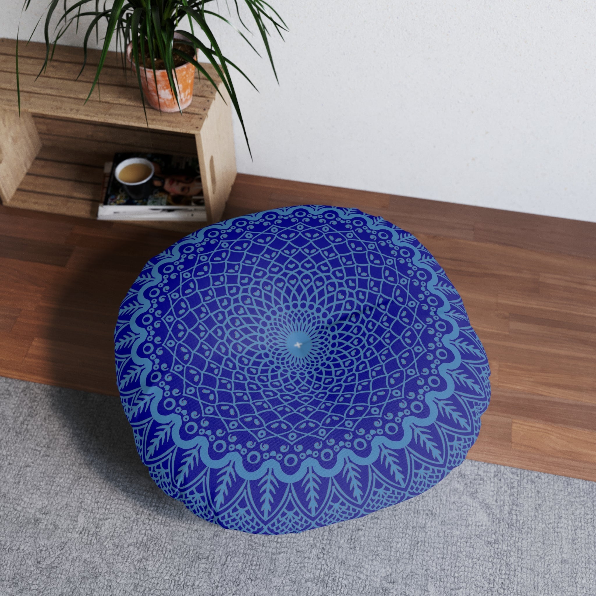 Floor Cushion Handmade Mandala Art - Steel Blue on Dark Blue background - Drawn by Hand - Tufted Floor Pillow, Round - Blululi