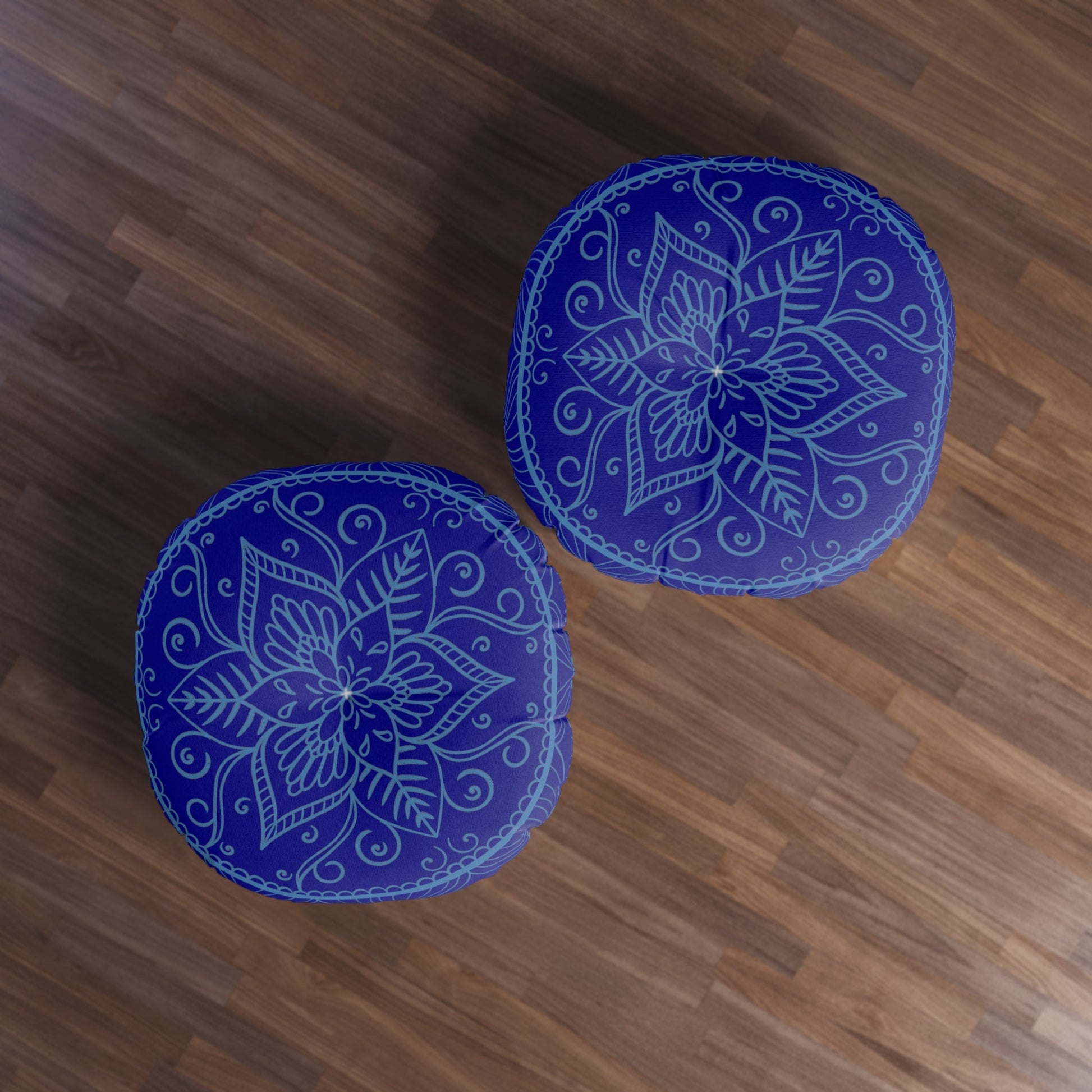 Floor Cushion Handmade Mandala Art - Steel Blue on Dark Blue background - Drawn by Hand - Tufted Floor Pillow, Round - Blululi