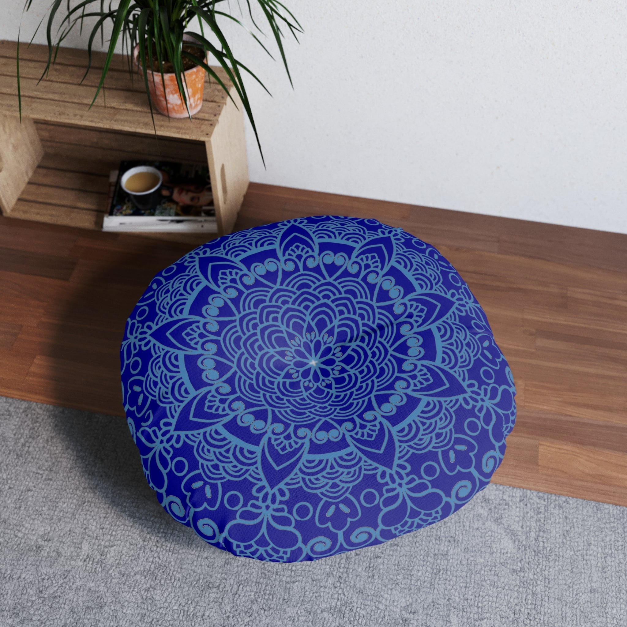 Floor Cushion Handmade Mandala Art - Steel Blue on Dark Blue background - Drawn by Hand - Tufted Floor Pillow, Round - Blululi