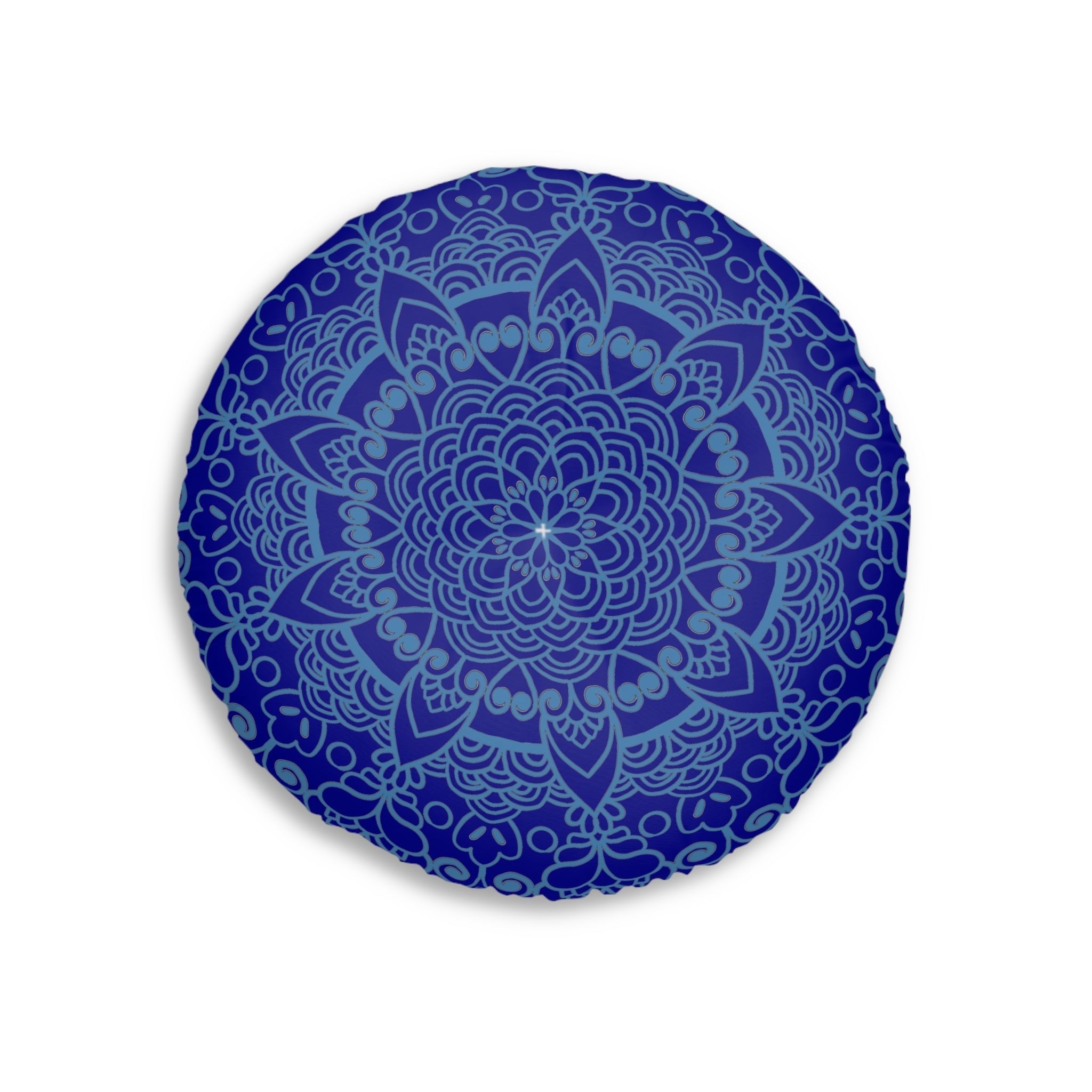 Floor Cushion Handmade Mandala Art - Steel Blue on Dark Blue background - Drawn by Hand - Tufted Floor Pillow, Round - Blululi