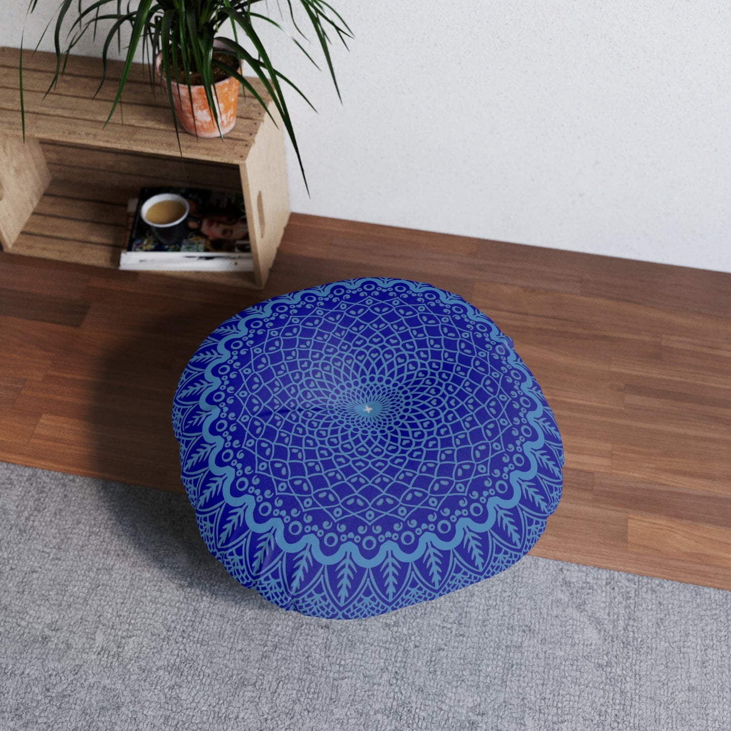 Floor Cushion Handmade Mandala Art - Steel Blue on Dark Blue background - Drawn by Hand - Tufted Floor Pillow, Round - Blululi