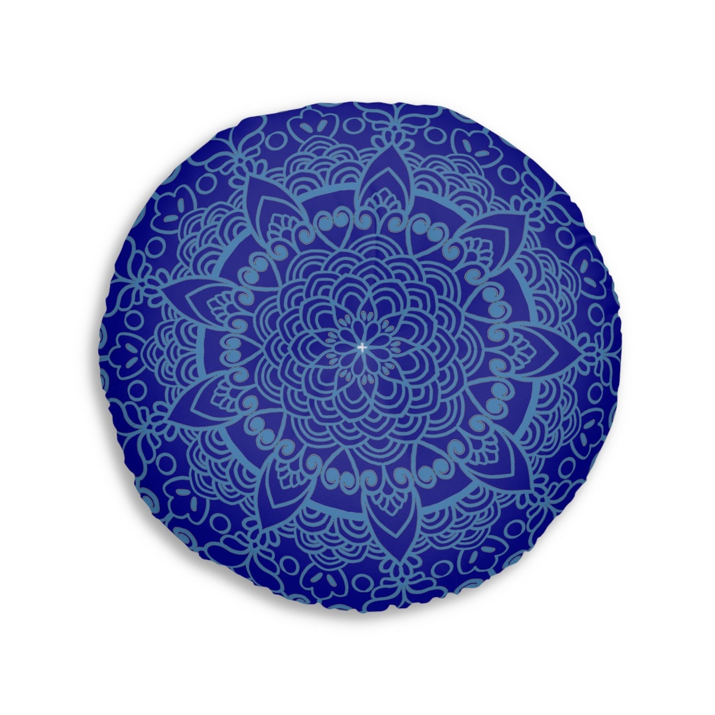 Floor Cushion Handmade Mandala Art - Steel Blue on Dark Blue background - Drawn by Hand - Tufted Floor Pillow, Round - Blululi