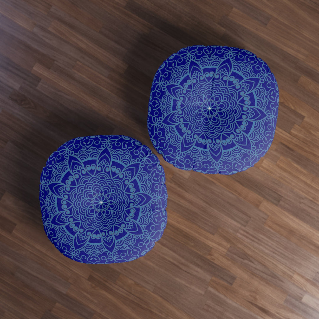 Floor Cushion Handmade Mandala Art - Steel Blue on Dark Blue background - Drawn by Hand - Tufted Floor Pillow, Round - Blululi