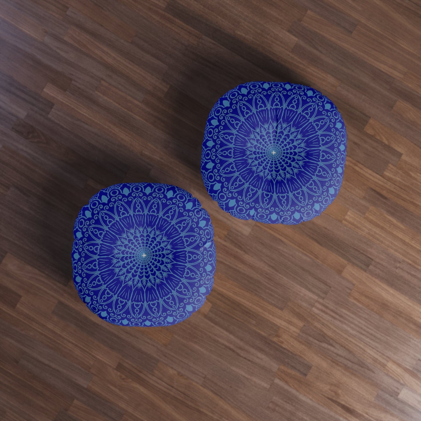 Floor Cushion Handmade Mandala Art - Steel Blue on Dark Blue background - Drawn by Hand - Tufted Floor Pillow, Round - Blululi