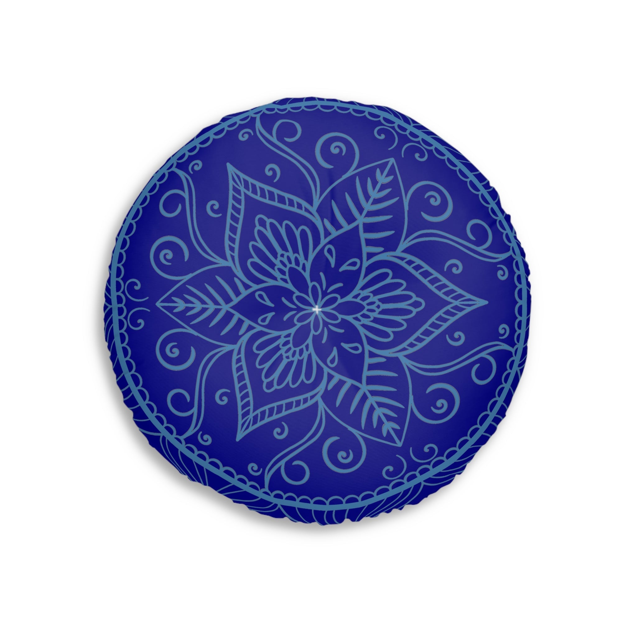 Floor Cushion Handmade Mandala Art - Steel Blue on Dark Blue background - Drawn by Hand - Tufted Floor Pillow, Round - Blululi