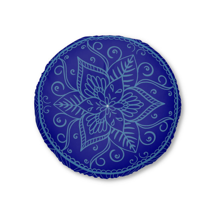 Floor Cushion Handmade Mandala Art - Steel Blue on Dark Blue background - Drawn by Hand - Tufted Floor Pillow, Round - Blululi